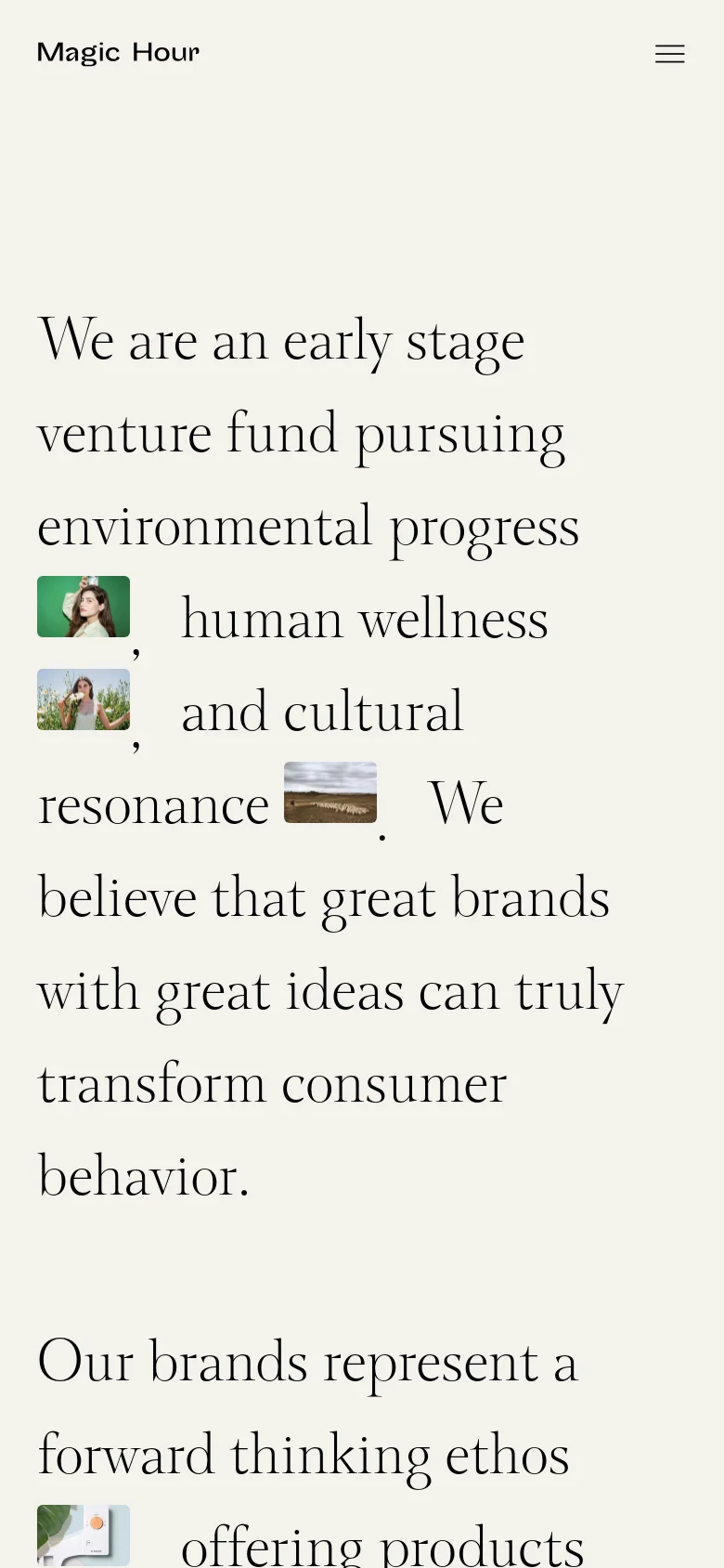 The mobile version maintains the minimalist beige aesthetic and serif font but uses a vertical stack for the text and images. The top navigation is condensed into a 'Magic Hour' logo on the left and a hamburger menu icon on the right to save space.