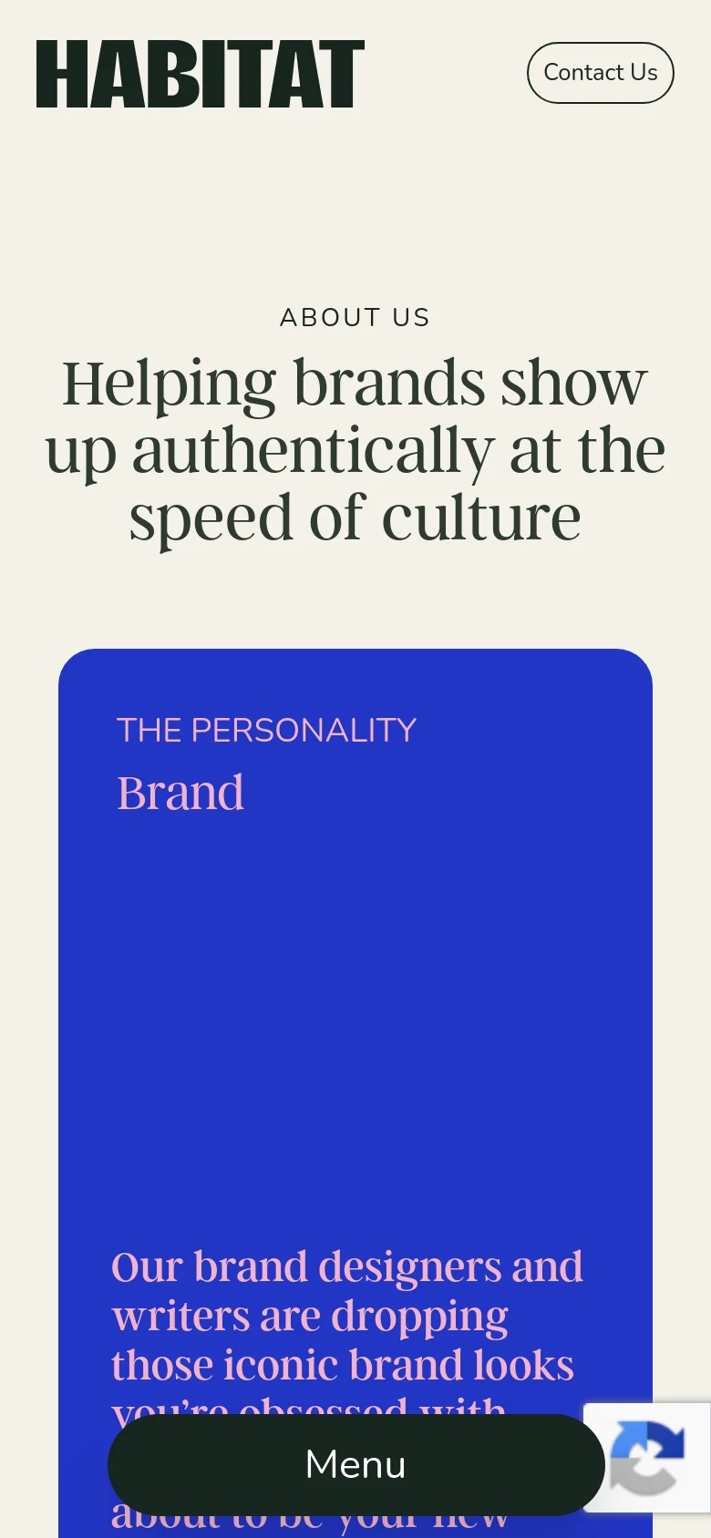 The mobile version presents a vertically stacked layout with the Habitat logo and a 'Contact Us' button at the top, followed by a 'Menu' overlay at the bottom. The headline is centered and broken into multiple lines to fit the narrow screen, sitting above a large blue card labeled 'THE PERSONALITY Brand' that contains descriptive text.