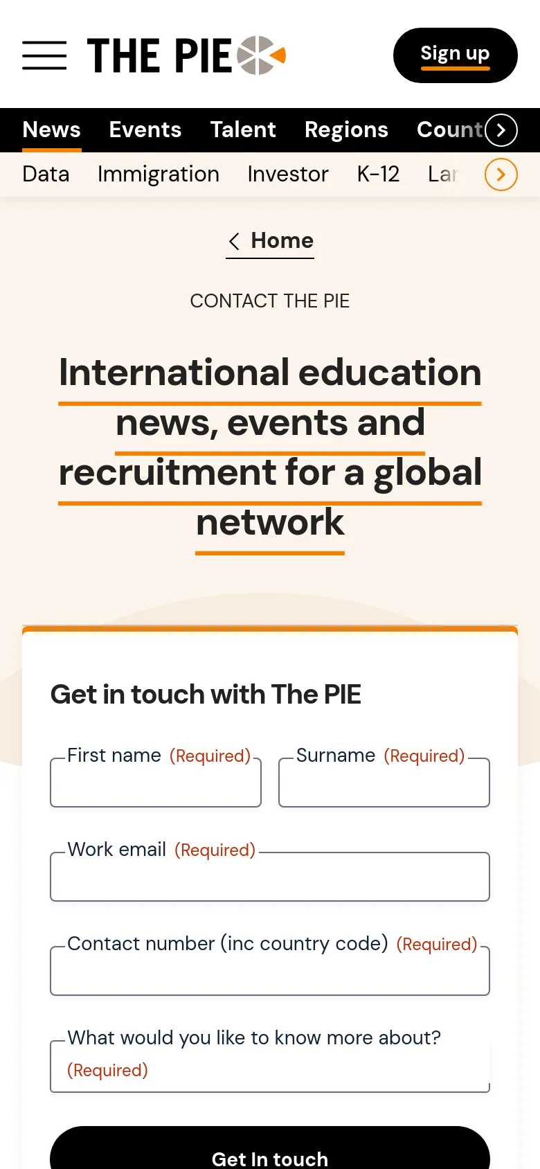 The mobile version simplifies the layout into a single vertical column, placing the large headline at the top. The contact form follows below, spanning the full width of the screen with clearly labeled input fields and a large black 'Get in touch' button at the bottom.