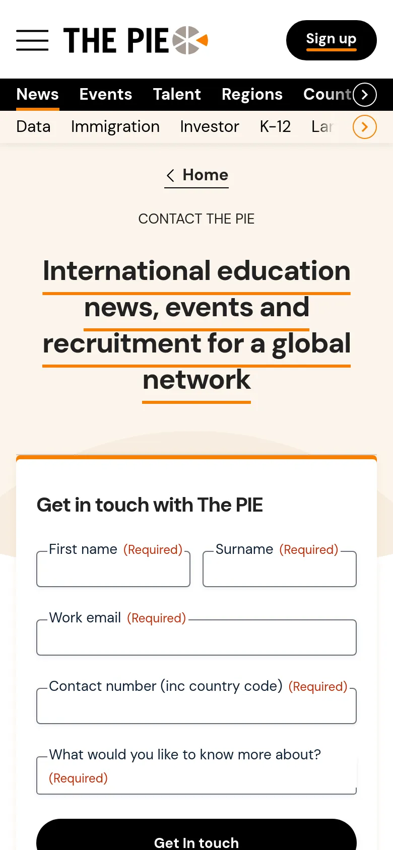 The mobile version simplifies the layout into a single vertical column, placing the large headline at the top. The contact form follows below, spanning the full width of the screen with clearly labeled input fields and a large black 'Get in touch' button at the bottom.