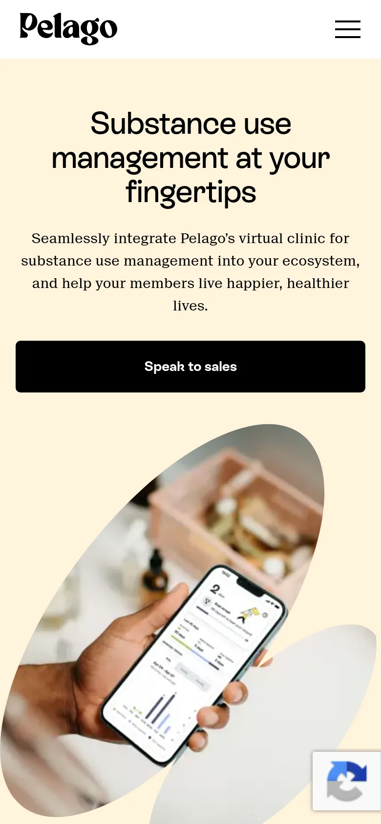 The mobile version uses a single-column layout with the headline and introductory text centered at the top on a cream background. The 'Speak to sales' call-to-action button is prominent and spans most of the width. Below the text, the hero image of a hand holding a smartphone is cropped into a circular shape, and the top navigation is replaced by a hamburger menu icon.