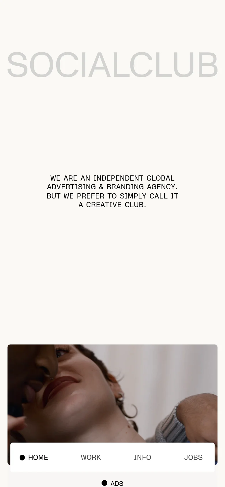 The mobile version maintains the minimalist aesthetic with a white background and a centered headline. The navigation is condensed into a bottom bar containing links for Home, Work, Info, and Jobs. The project showcase transitions from a wide grid to a single-column vertical scroll of large images.