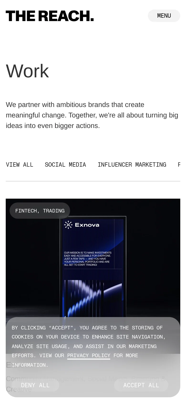 The mobile version maintains the white background and large 'Work' heading but stacks the content vertically. The category filter menu is presented as a horizontally scrollable list, and the case study grid transitions into a single-column layout for easier scrolling on small screens.