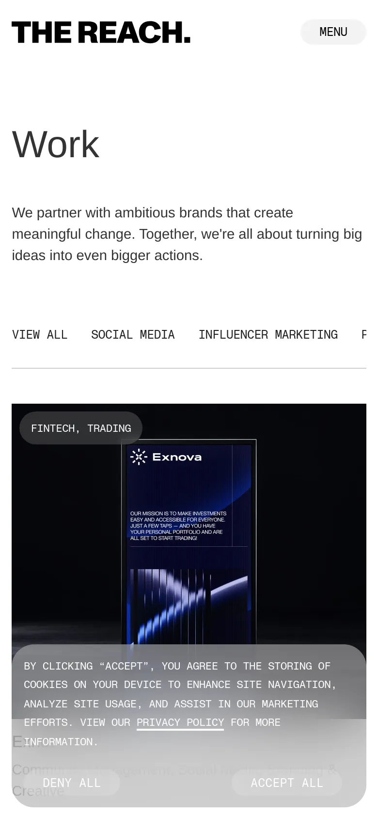The mobile version maintains the white background and large 'Work' heading but stacks the content vertically. The category filter menu is presented as a horizontally scrollable list, and the case study grid transitions into a single-column layout for easier scrolling on small screens.