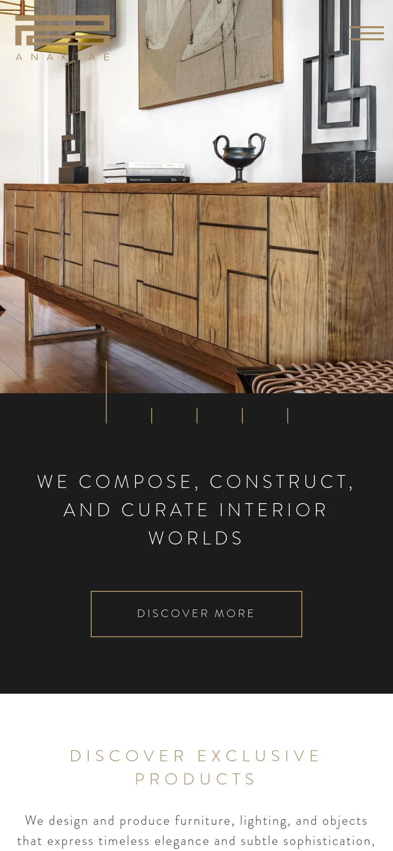 The mobile version maintains the minimalist aesthetic but stacks content vertically. The hero section shows the interior imagery with the main headline and 'DISCOVER MORE' button centered below it against a dark background. Navigation is condensed into a hamburger menu icon in the top right corner.