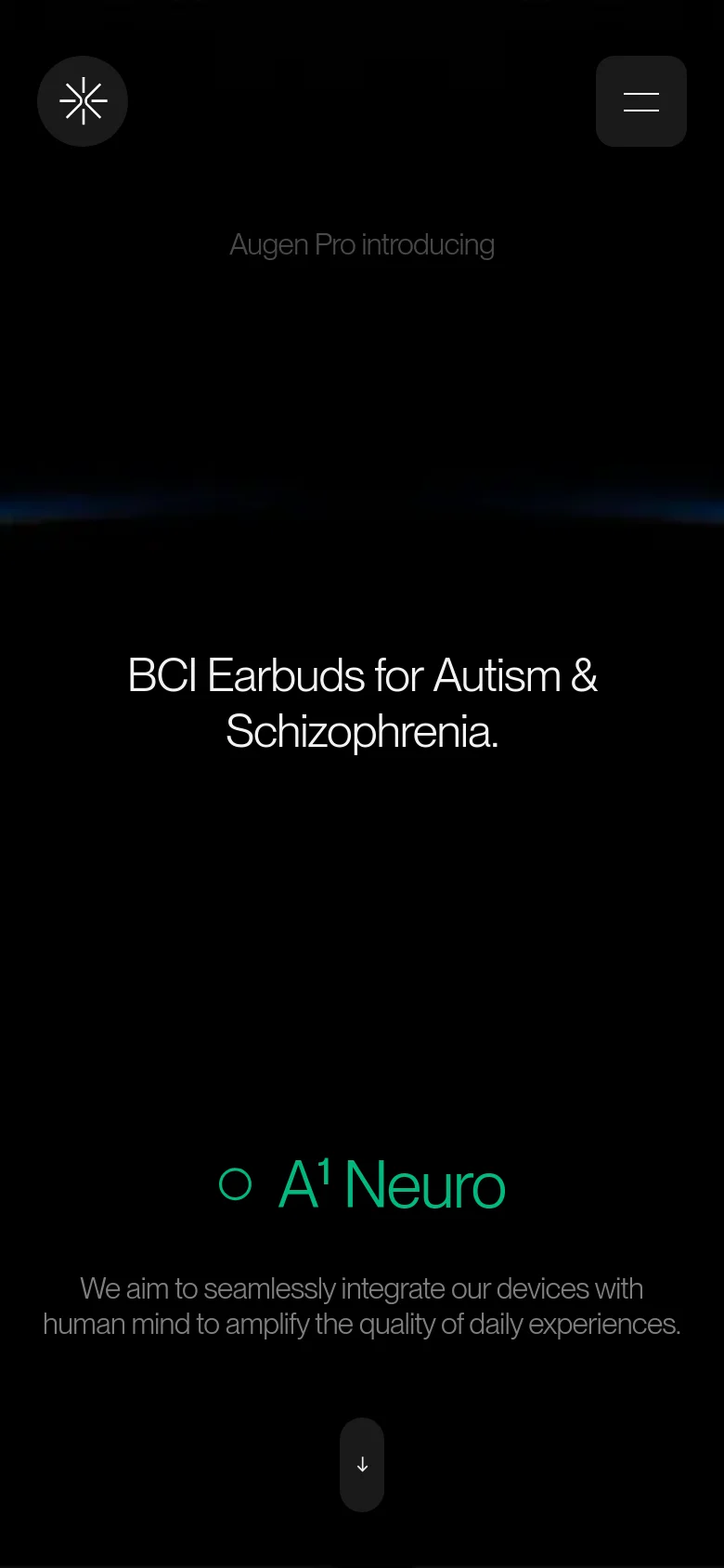 The mobile version maintains the dark, minimalist aesthetic but uses a centered vertical layout with larger typography for the headline. The navigation is condensed into a hamburger menu icon at the top right, and the teal 'A¹ Neuro' title and mission statement are stacked vertically in the center of the screen.