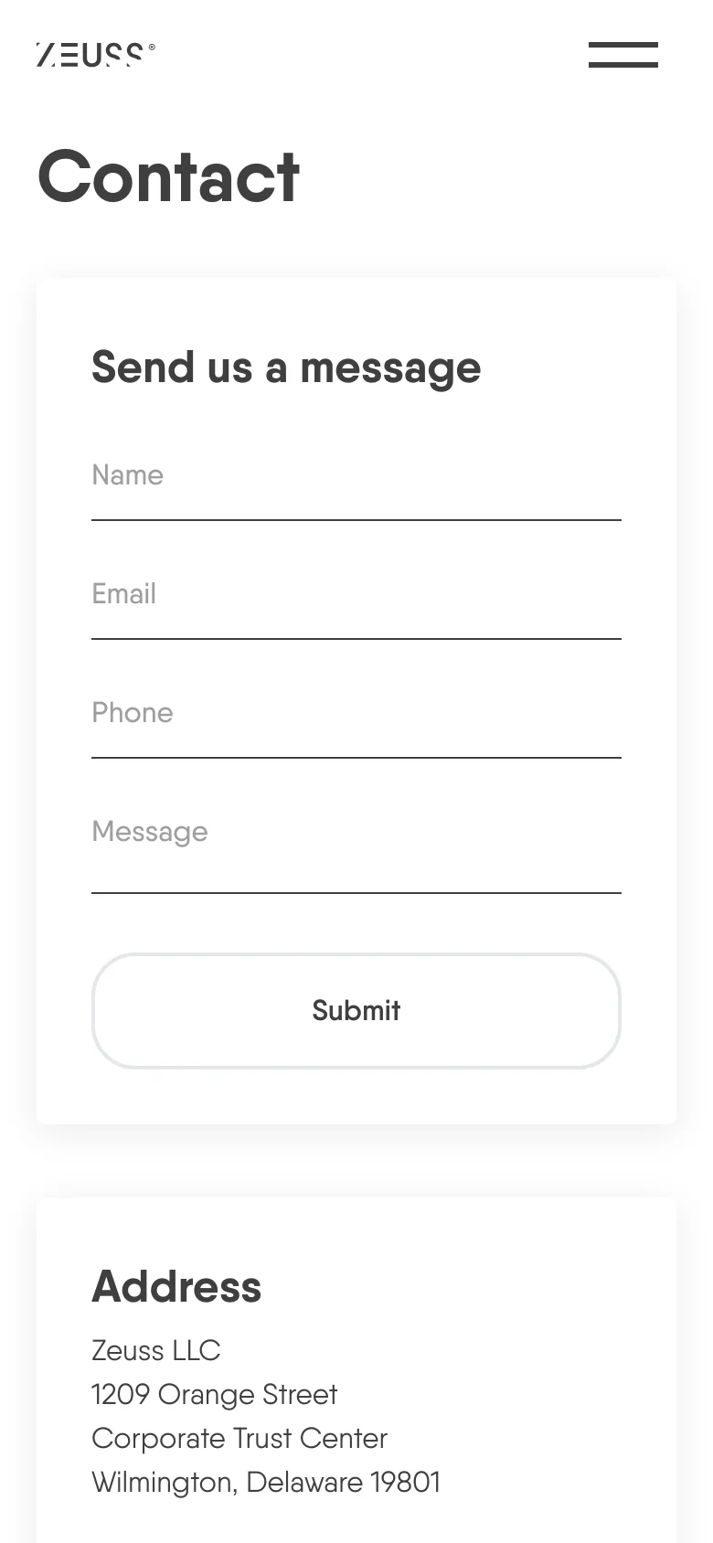The mobile version presents a single-column vertical layout optimized for small screens. The 'Contact' headline and 'Send us a message' form appear first, followed by the 'Address' section below it, maintaining the same minimalist aesthetic and white background.