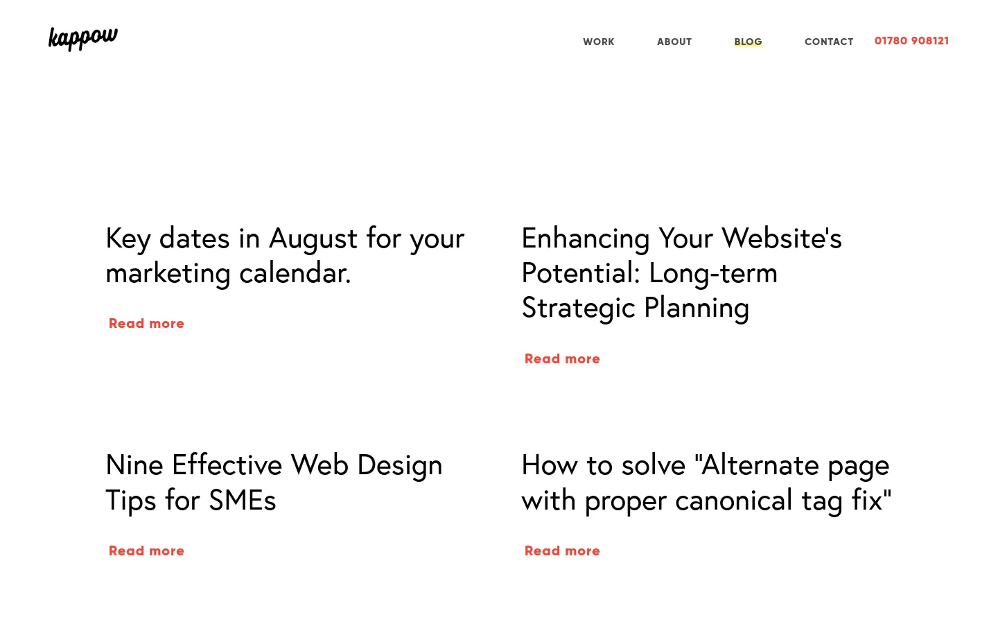 The desktop blog page features a clean, minimalist white layout with the Kappow logo in the top left and a navigation menu on the right. Blog posts are arranged in a two-column grid, each consisting of a large black headline followed by a red 'Read more' link.