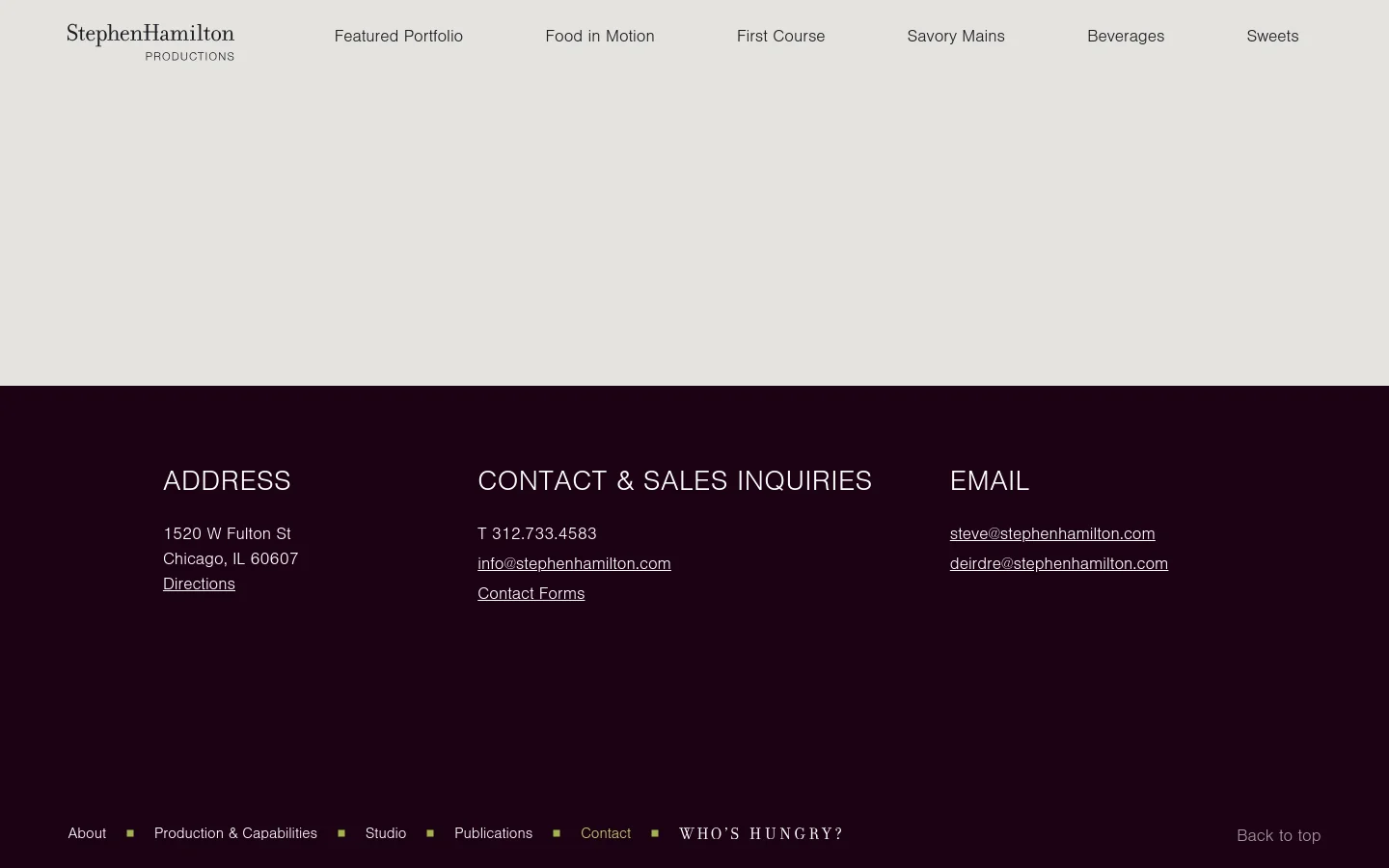 The desktop contact page features a minimalist design with a light gray background and a dark footer. The layout displays three columns of contact information: Address, Contact & Sales Inquiries, and Email, all in white text against the dark background. A navigation menu is visible at the top, and a footer includes links like About, Studio, and Contact.