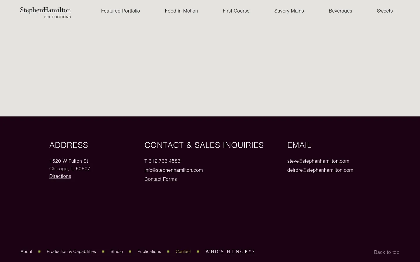 The desktop contact page features a minimalist design with a light gray background and a dark footer. The layout displays three columns of contact information: Address, Contact & Sales Inquiries, and Email, all in white text against the dark background. A navigation menu is visible at the top, and a footer includes links like About, Studio, and Contact.