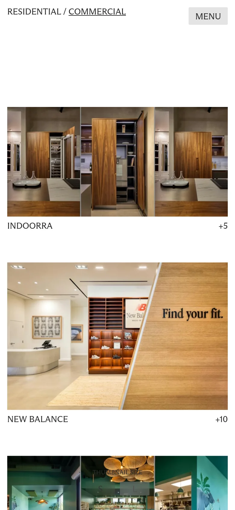 The mobile version presents a simplified vertical layout with a 'MENU' button in the top right and a navigation breadcrumb below the header. The large photography grid transitions into a single-column stack of full-width images, showcasing interior commercial spaces like the Indoorra showroom. The color palette remains clean and white, focusing the user's attention on the large-scale visual content.