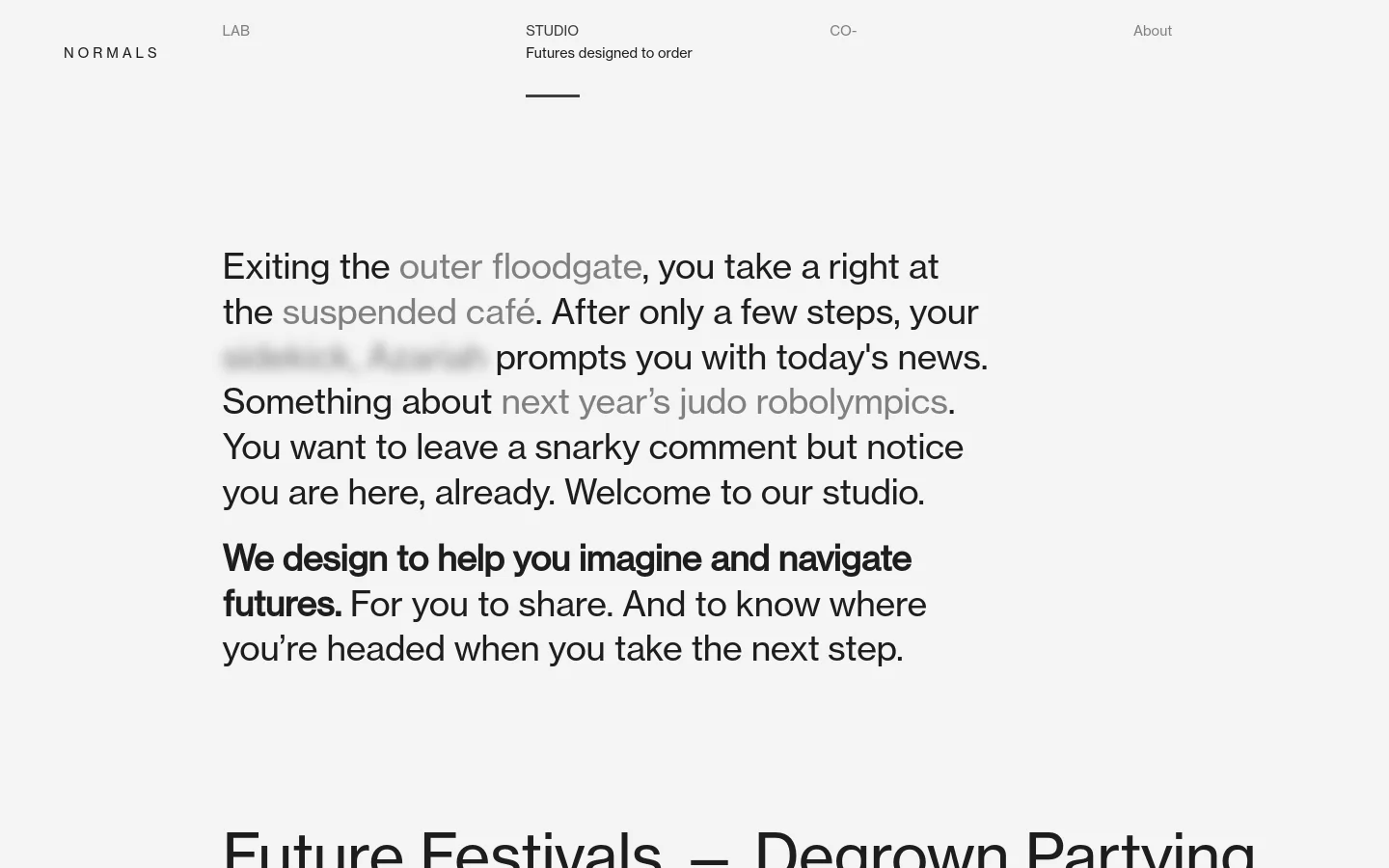 The desktop version features a minimalist, high-contrast design with black text on an off-white background. A large, serif-font introductory text welcomes visitors to the studio, followed by a vertical list of project cards that include titles, descriptions, client information, and small thumbnail images.