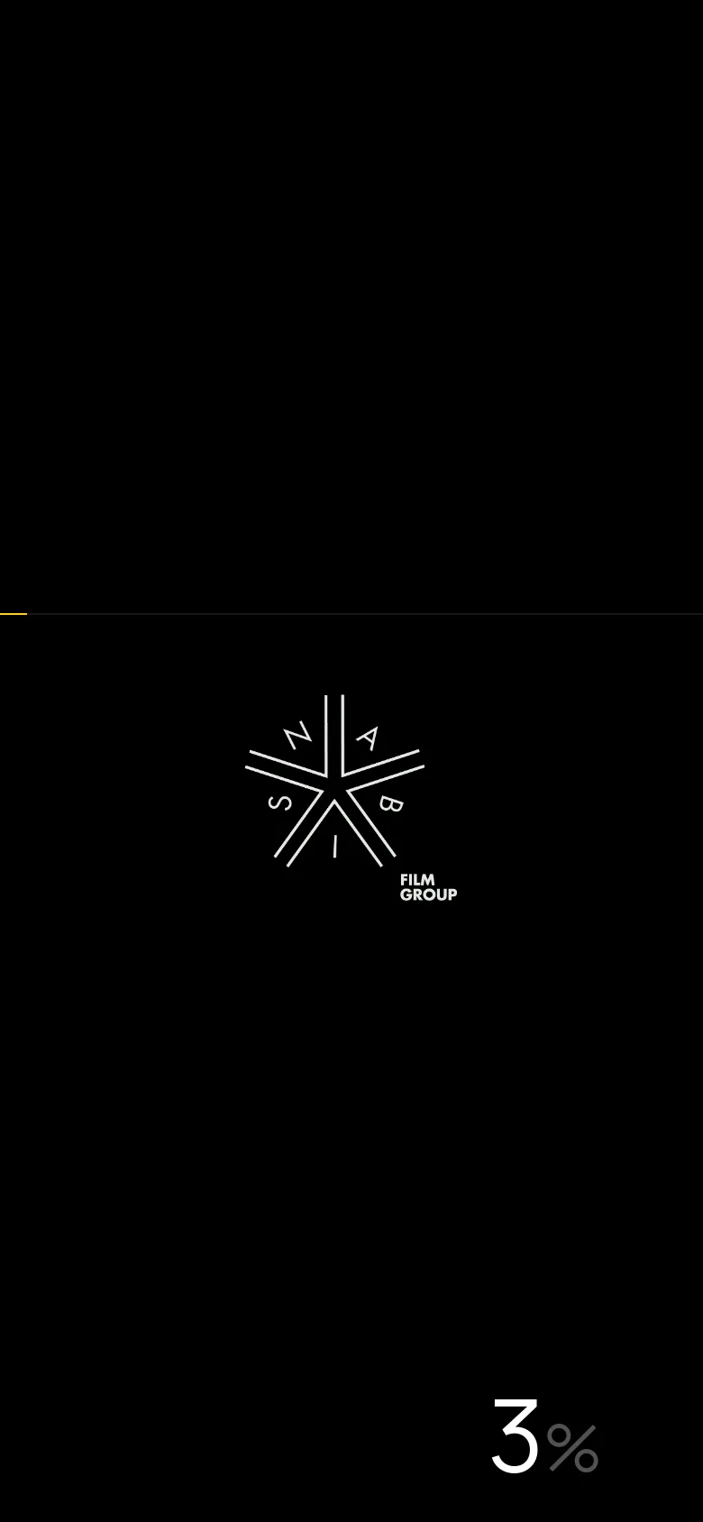 The mobile version maintains the minimalist black background and white text. The star-shaped Nabis Filmgroup logo is centered and larger, while the percentage indicator in the bottom right corner increases to 3%.