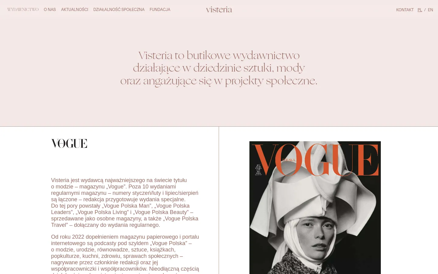 The desktop version features a minimalist, elegant design with a light beige background and serif typography. A large hero section displays a centered headline about Visteria being a boutique publisher, followed by a two-column layout below with the 'VOGUE' logo on the left and a large magazine cover image on the right.