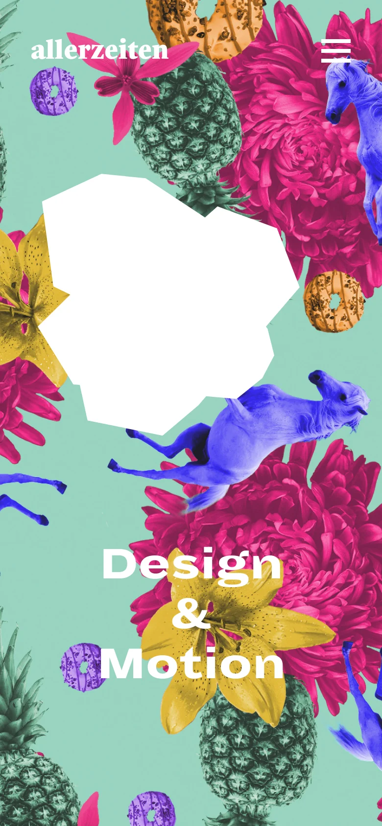 The mobile version uses a light mint green background covered in a vibrant, collage-style pattern of pink flowers, pineapples, blue horses, and cookies. A large white irregular shape sits in the center, with the white text 'Design & Motion' layered over the collage and a hamburger menu icon in the top right.