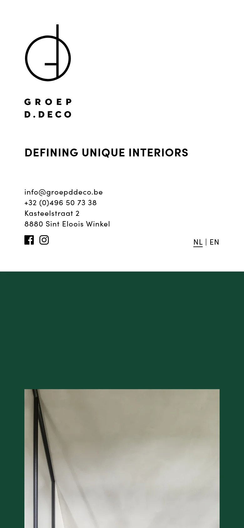 The mobile version uses a stacked vertical layout, placing the logo and 'DEFINING UNIQUE INTERIORS' headline at the top above the contact details and social icons. Below the text, a large image showcasing interior textures and finishes fills the width of the screen.