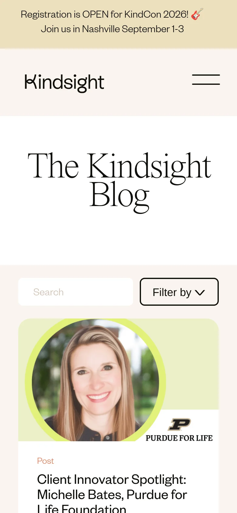 The mobile version of the blog page displays a simplified layout with a hamburger menu icon in the top right. The large 'The Kindsight Blog' headline is centered, followed by a full-width search bar and a 'Filter by' dropdown. The blog posts are arranged in a single-column vertical stack rather than a grid.