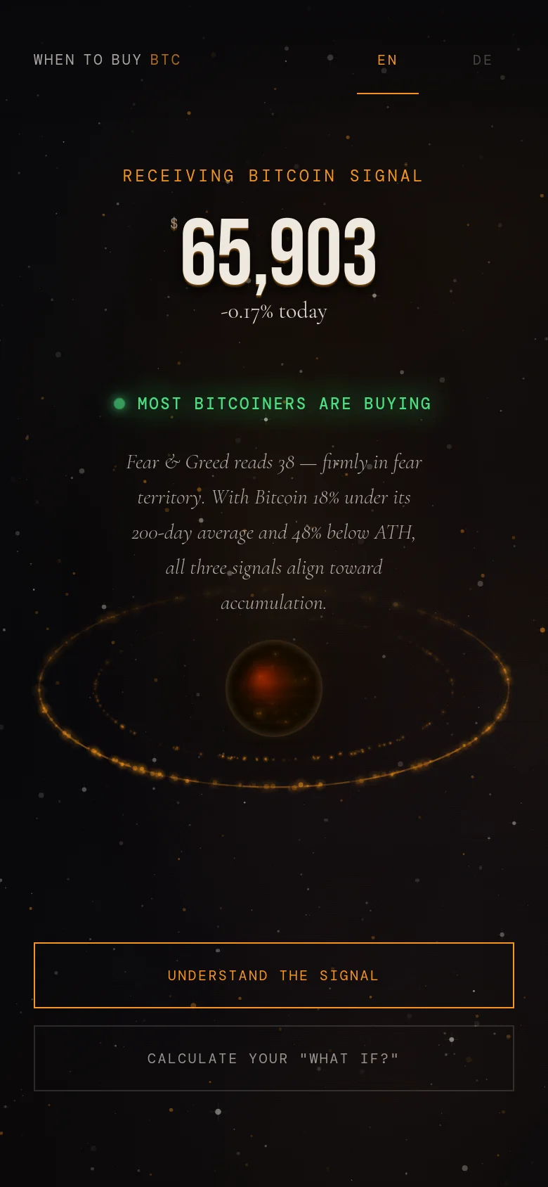 The mobile version maintains the dark cosmic theme but uses a vertically stacked layout to accommodate the smaller screen. The Bitcoin price is prominently displayed at the top, followed by a green status indicator reading 'Most Bitcoiners are buying' and a descriptive paragraph in an italicized serif font. The two primary call-to-action buttons are stacked vertically at the bottom of the viewport.