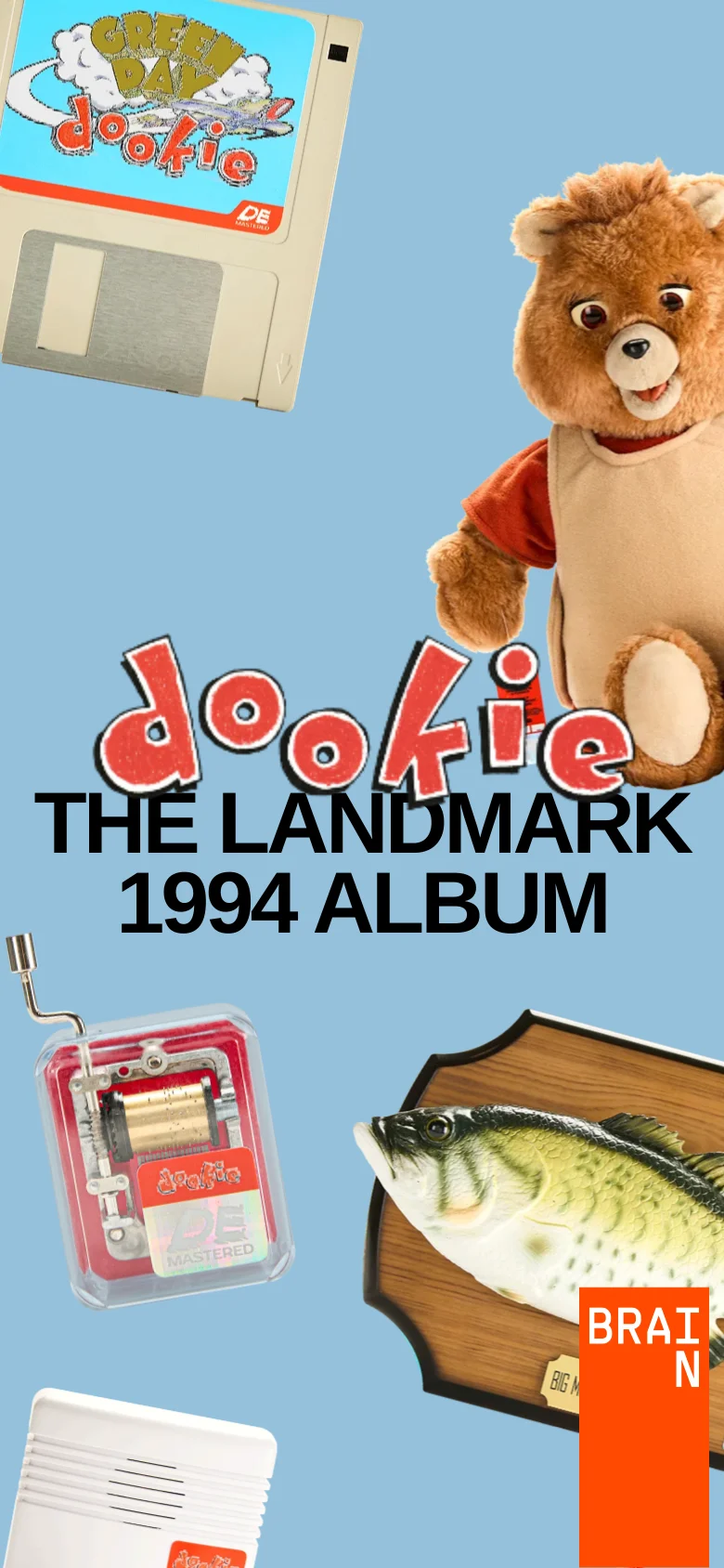 The mobile version presents a vertically stacked collage of the same eclectic objects, such as the floppy disk and teddy bear, against a light blue background. The headline 'dookie THE LANDMARK 1994 ALBUM' is centered and scaled to fit the narrower portrait orientation.
