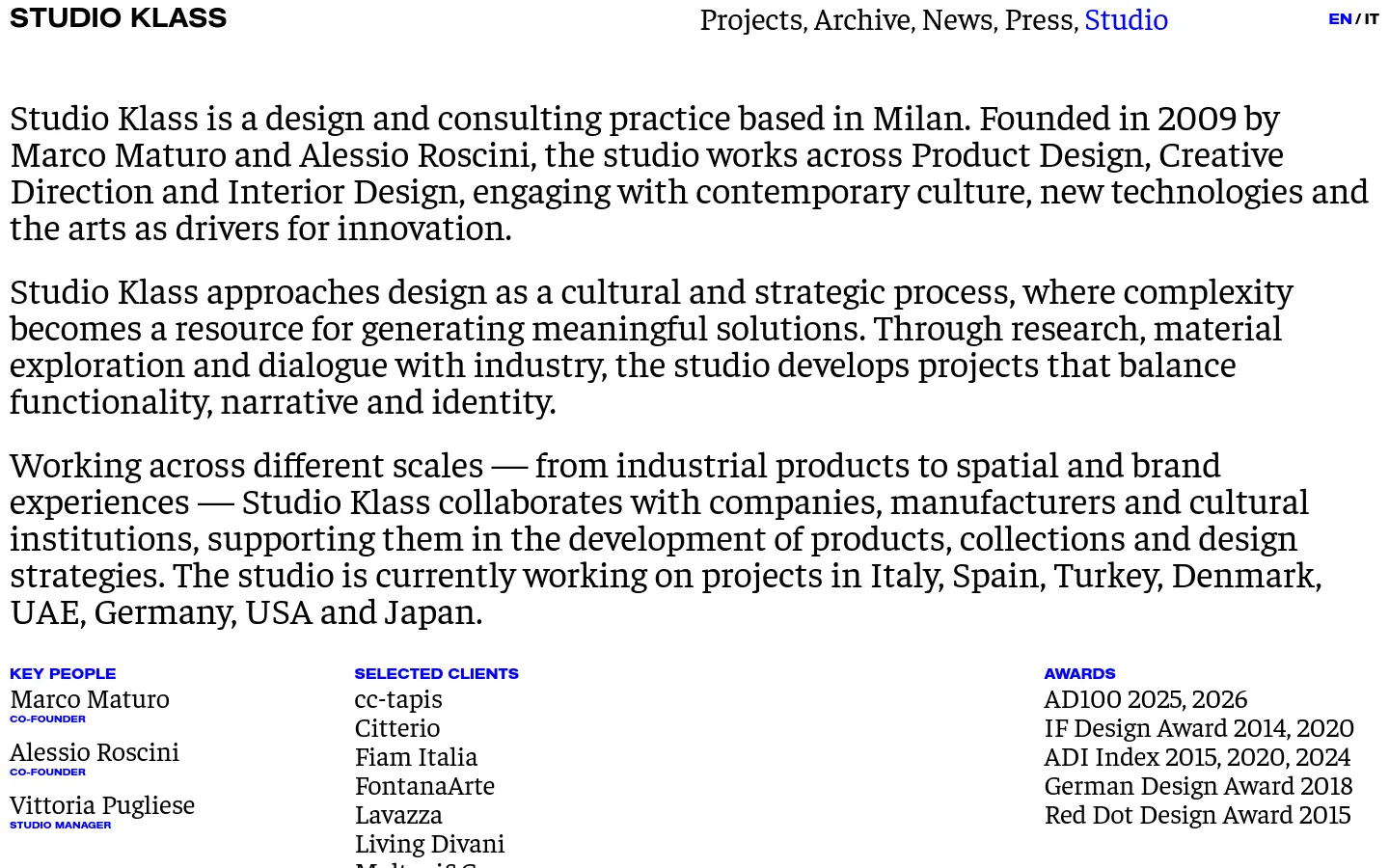 The desktop version features a minimalist design with black text on a white background. A navigation menu is at the top right, followed by large, left-aligned typography describing the studio's mission, followed by three columns for Key People, Selected Clients, and Awards.