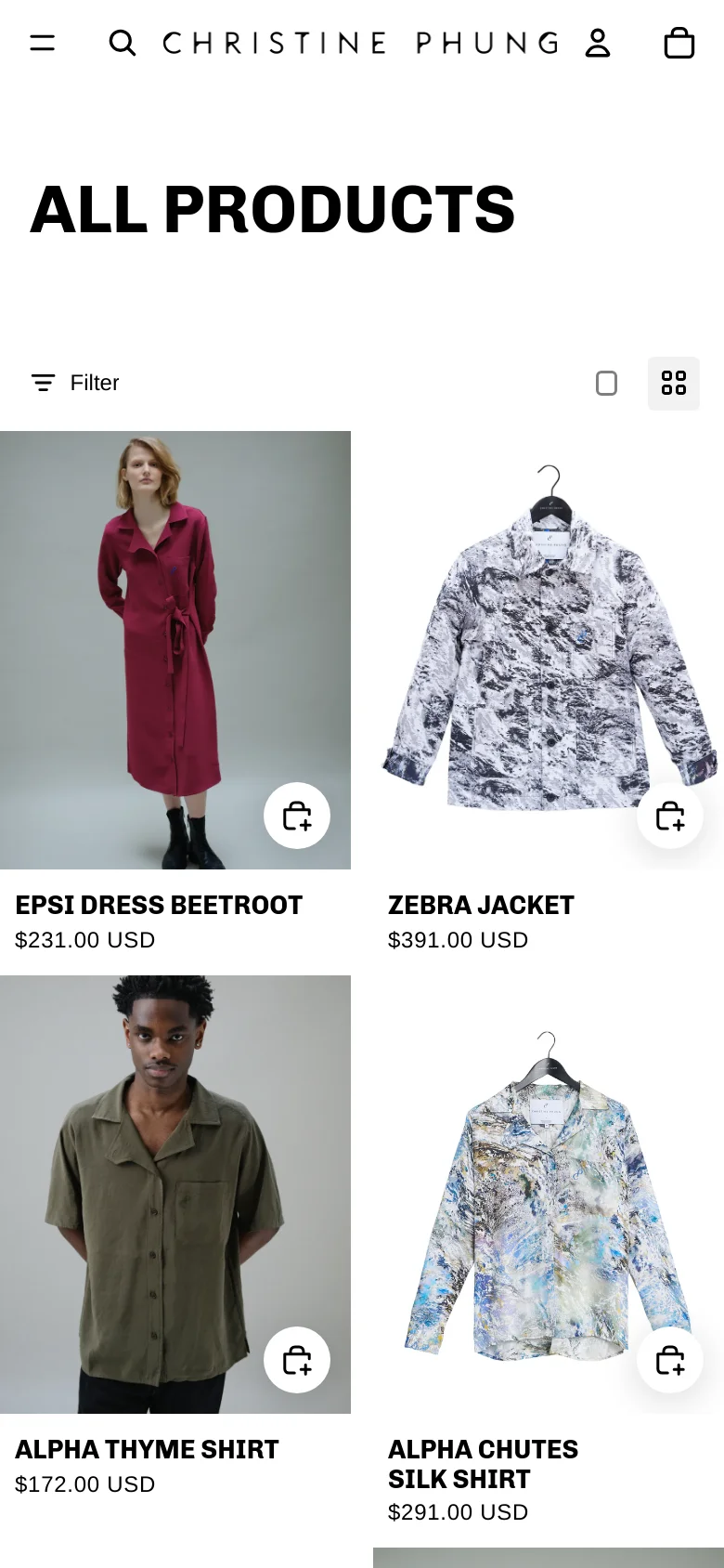 The mobile version features a simplified header with a hamburger menu, search icon, and shopping bag. The 'ALL PRODUCTS' title is centered in large bold text above a vertical product feed. Each product card includes a full-width image, the product name, the price, and a circular white shopping bag icon overlaying the bottom right of the image.