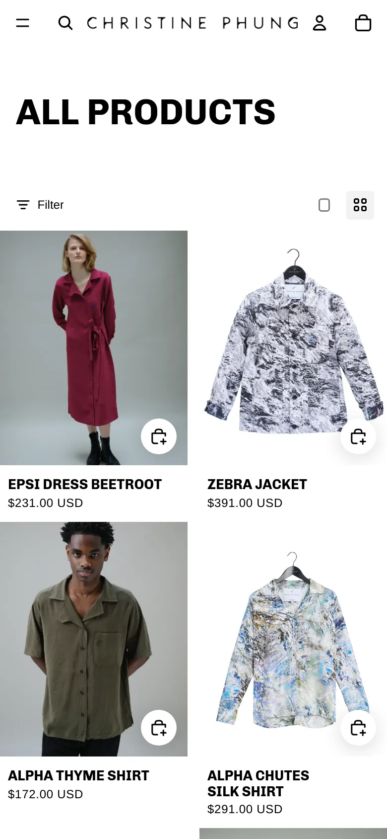 The mobile version features a simplified header with a hamburger menu, search icon, and shopping bag. The 'ALL PRODUCTS' title is centered in large bold text above a vertical product feed. Each product card includes a full-width image, the product name, the price, and a circular white shopping bag icon overlaying the bottom right of the image.