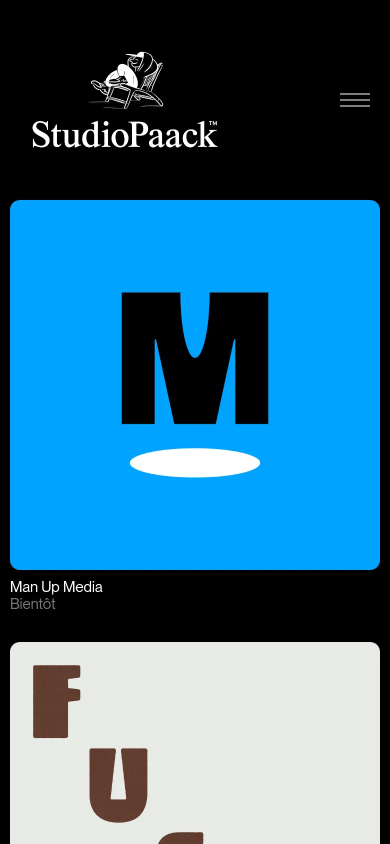 The mobile version maintains the black background and white StudioPaack logo but uses a simplified layout. The navigation is replaced by a hamburger menu icon in the top right, and the project grid shifts to a single-column vertical scroll, showing large, full-width project images like the blue 'Man Up Media' tile.