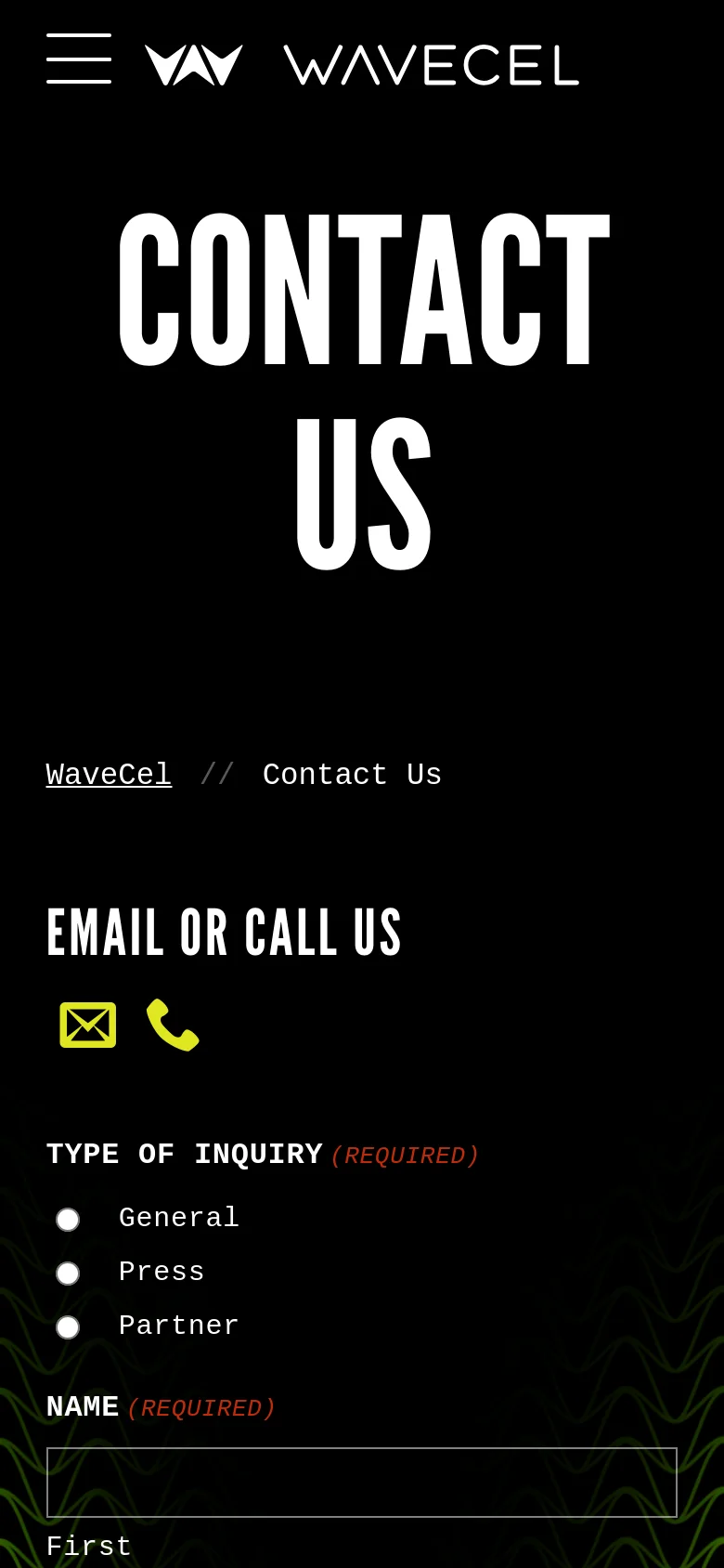 The mobile version maintains the dark aesthetic and large white 'CONTACT US' typography but uses a stacked layout. The navigation menu is condensed into a hamburger icon, and the contact form elements, including the inquiry type radio buttons and name field, are scaled for vertical scrolling on a smaller screen.