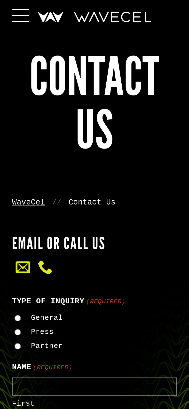 The mobile version maintains the dark aesthetic and large white 'CONTACT US' typography but uses a stacked layout. The navigation menu is condensed into a hamburger icon, and the contact form elements, including the inquiry type radio buttons and name field, are scaled for vertical scrolling on a smaller screen.