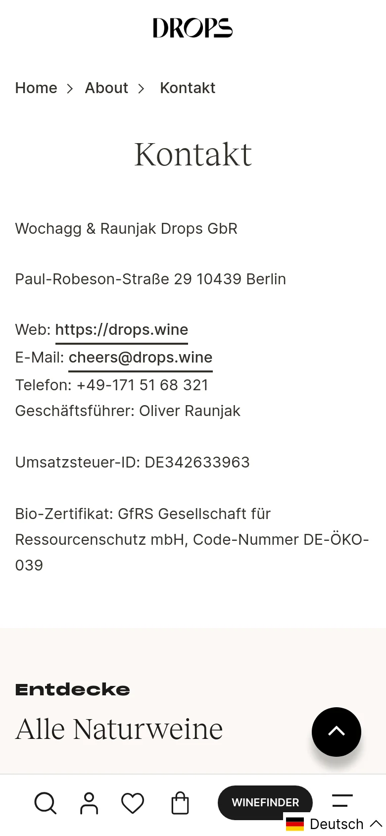 Drops Contact mobile website screenshot