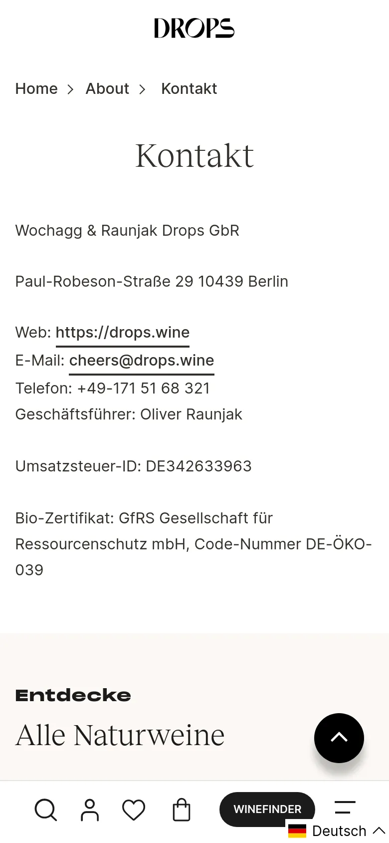 Drops Contact mobile website screenshot