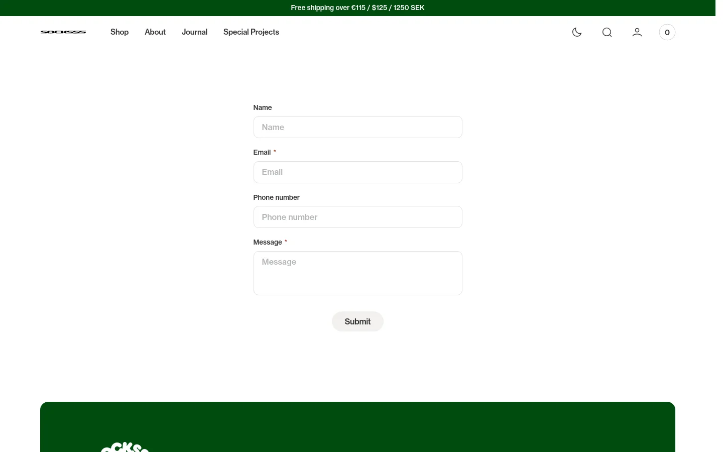 The desktop Contact page features a clean, minimalist layout on a white background with a top navigation bar containing links for Shop, About, Journal, and Special Projects. A centered contact form includes input fields for Name, Email, Phone number, and Message, followed by a light gray Submit button. A green promotional banner at the very top announces free shipping.