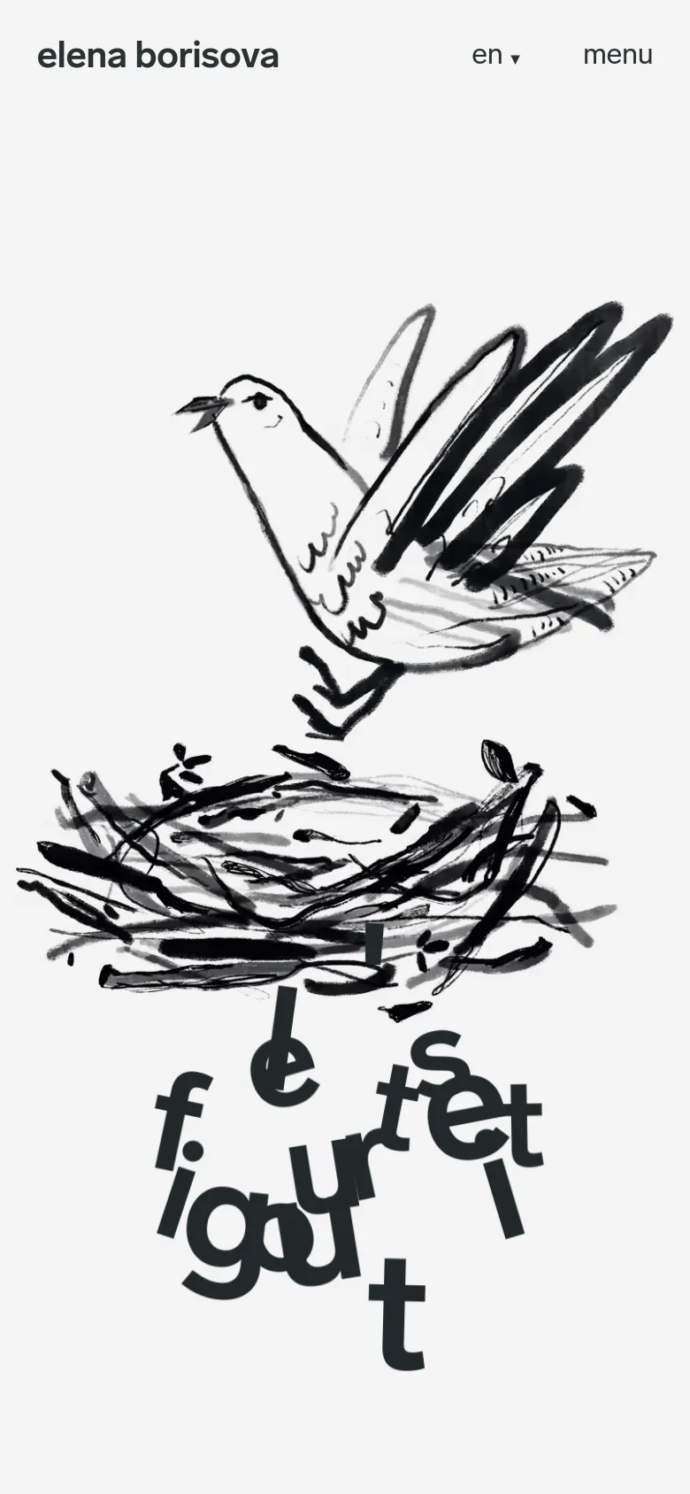 The mobile version maintains the minimalist aesthetic with the large bird and nest ink illustrations centered on a white background. The layout is simplified, replacing the top navigation bar with a 'menu' button and a language selector on the right side.
