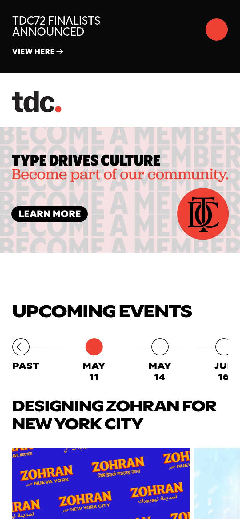 The mobile version presents a vertically stacked layout, starting with a hero banner for TDC72 finalists followed by scholarship and membership banners. The 'Upcoming Events' section transitions to a single-column scrollable list of events, emphasizing large text and touch-friendly navigation elements.