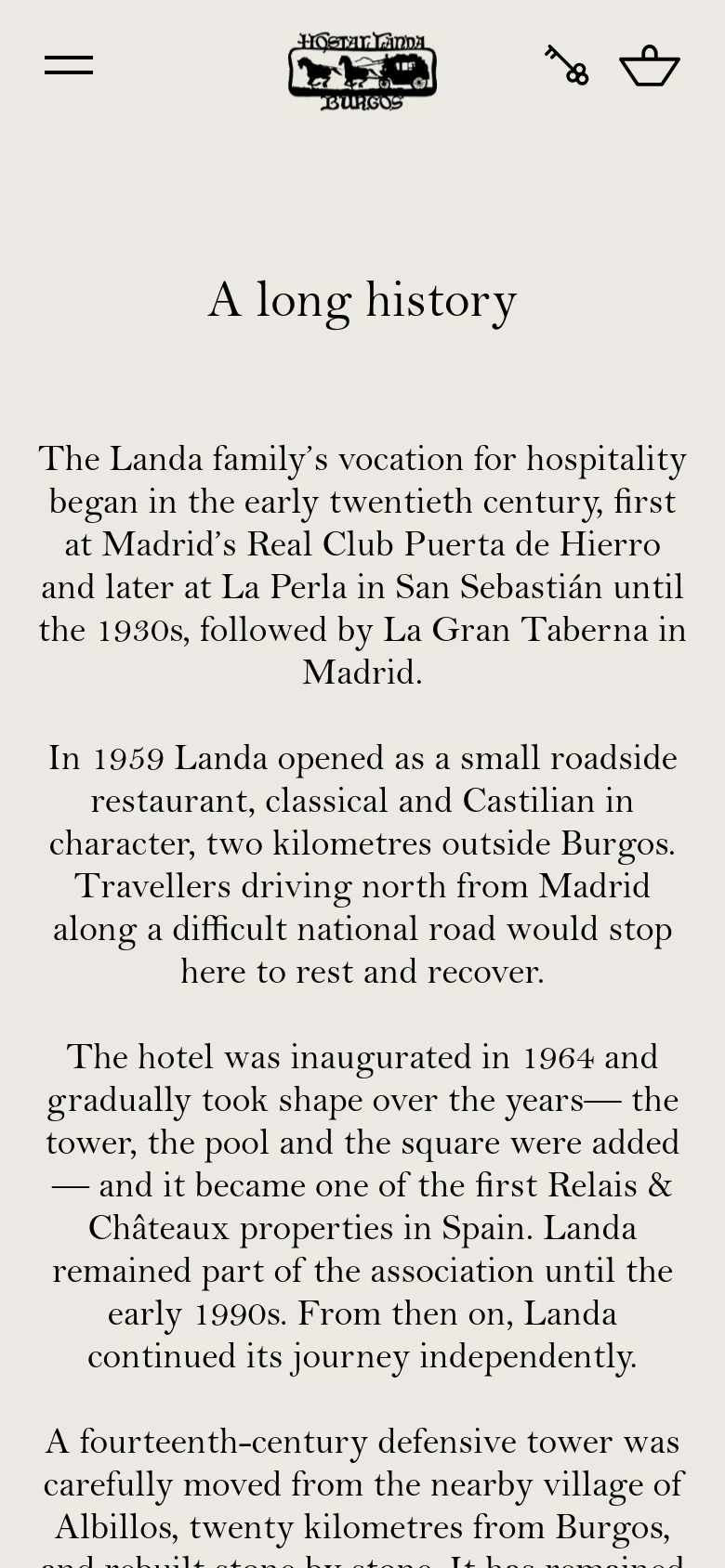 The mobile version maintains the minimalist beige and black aesthetic but uses a single-column layout optimized for vertical scrolling. The text is centered and scaled for smaller screens, while the header icons and menu remain accessible at the top of the viewport.