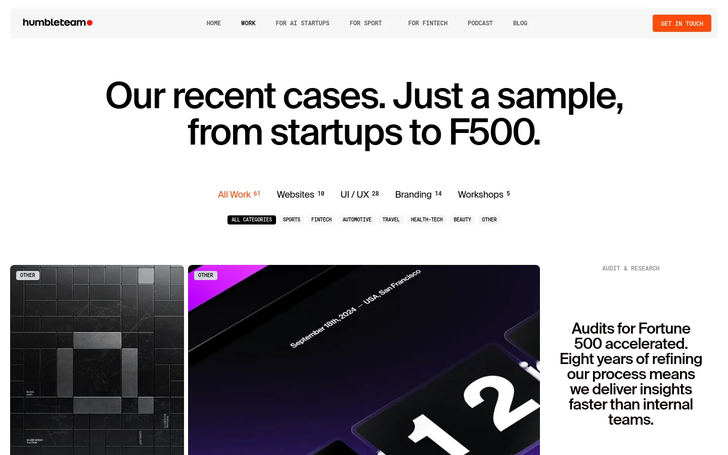 The desktop portfolio page features a clean white background with a large, bold headline: 'Our recent cases. Just a sample, from startups to F500.' Below the headline, a navigation menu allows filtering by work type and category, followed by a large grid of project cards. Each card includes a category tag, high-quality imagery, and a 'View case study' call to action.