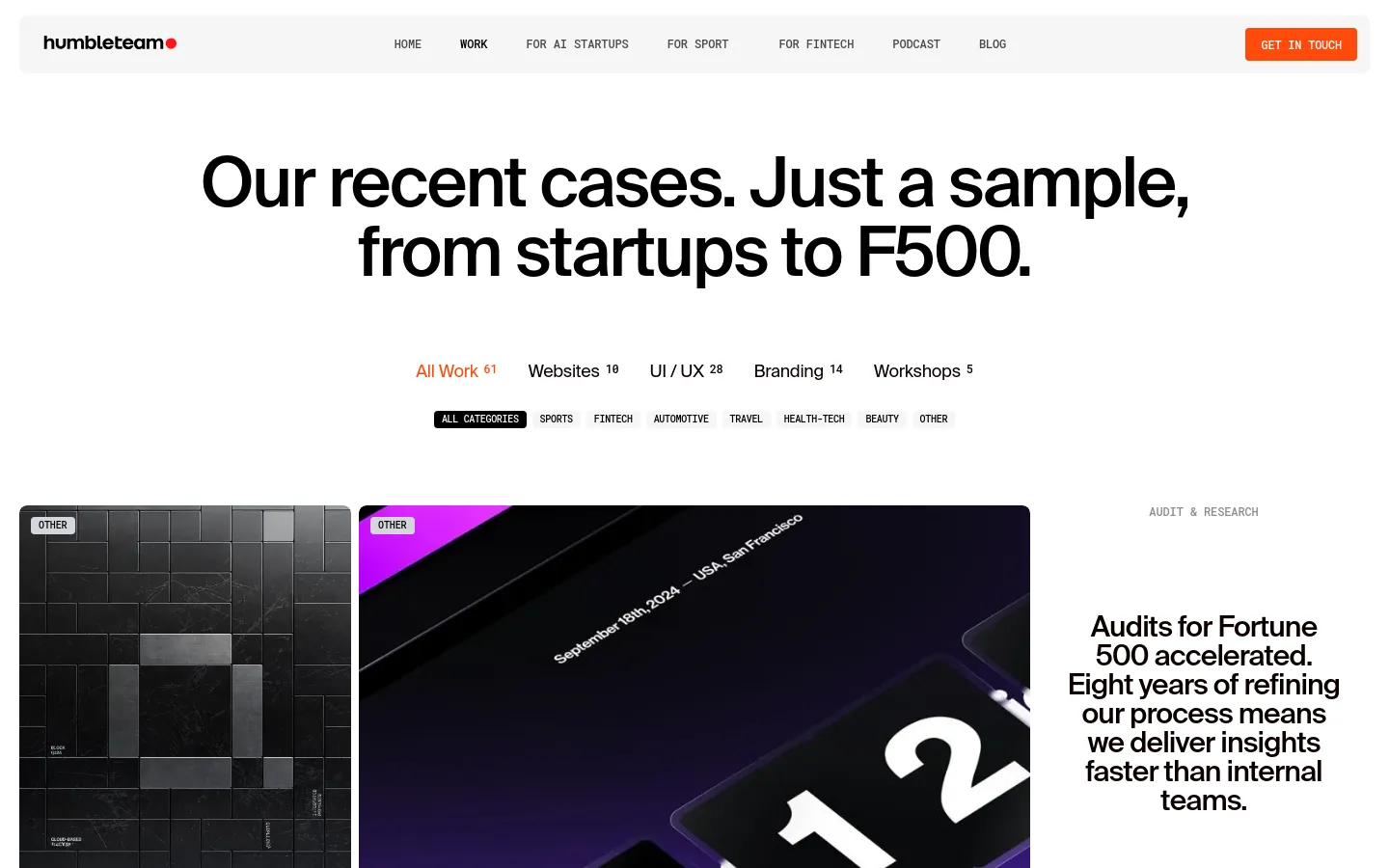 The desktop portfolio page features a clean white background with a large, bold headline: 'Our recent cases. Just a sample, from startups to F500.' Below the headline, a navigation menu allows filtering by work type and category, followed by a large grid of project cards. Each card includes a category tag, high-quality imagery, and a 'View case study' call to action.