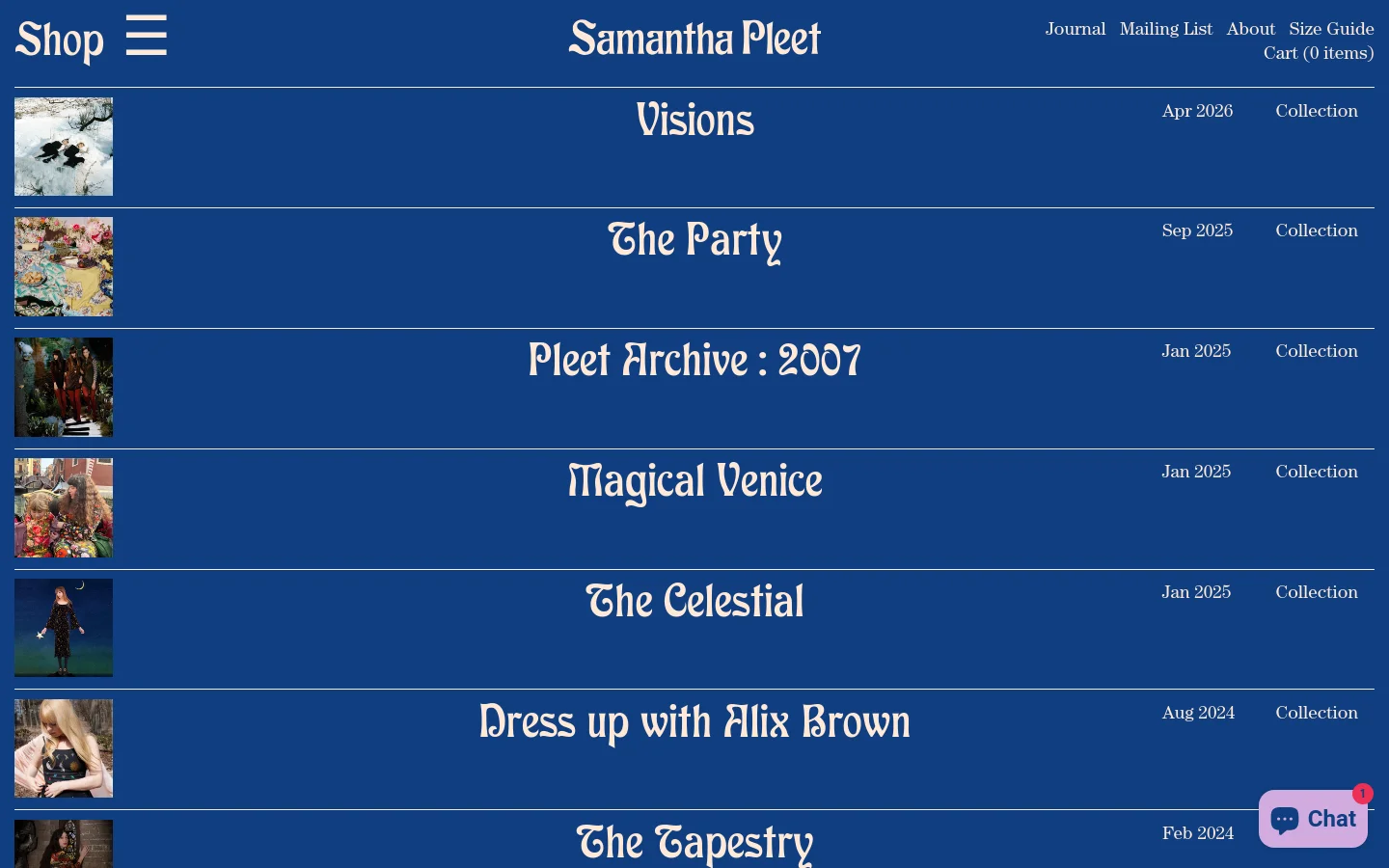 The desktop archive page features a dark blue background with a white serif header and navigation menu. A vertical list of journal entries displays a square thumbnail image on the left, a large centered title, a date, and a 'Collection' or 'Story' link on the right, all separated by thin white lines.