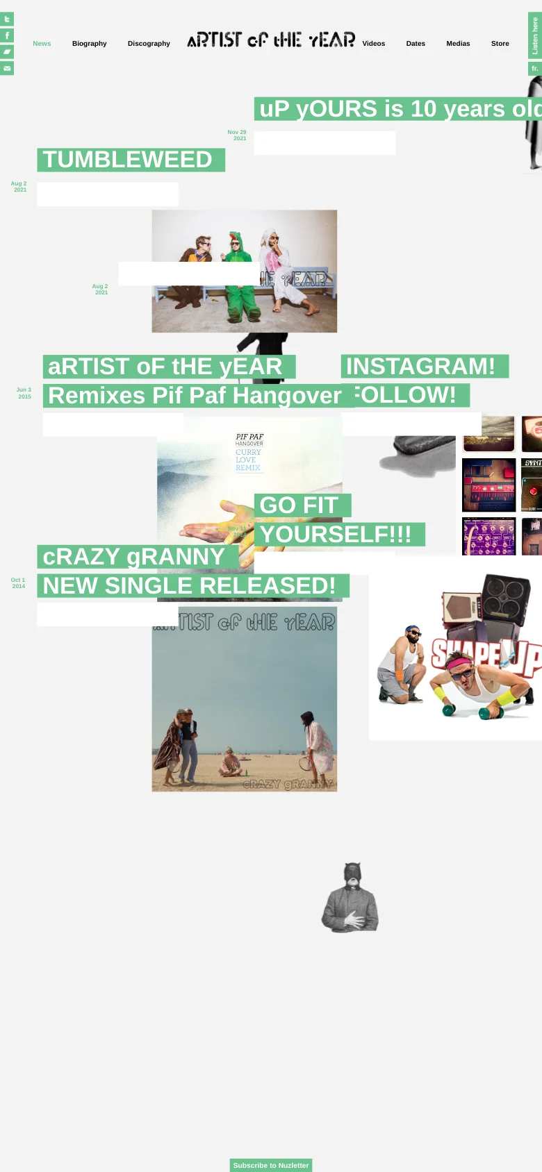The mobile version maintains the minimalist white aesthetic but transitions to a vertical, single-column scroll. The large teal headlines and scattered image collage are reorganized into a stacked layout to fit the narrow screen, making the text and band imagery easier to view sequentially.