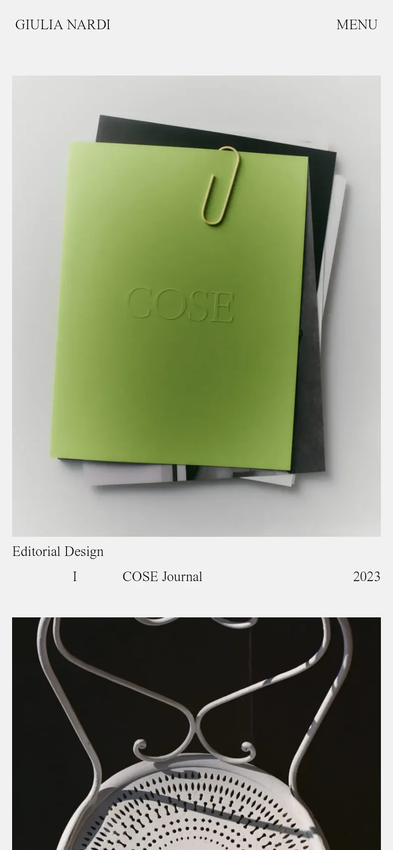 The mobile version transitions to a single-column vertical scroll, prioritizing large, full-width images of design projects. Text elements like project titles and years are stacked vertically or placed near the images to maintain readability on a narrow screen. The minimalist aesthetic and neutral tones remain consistent with the desktop view.