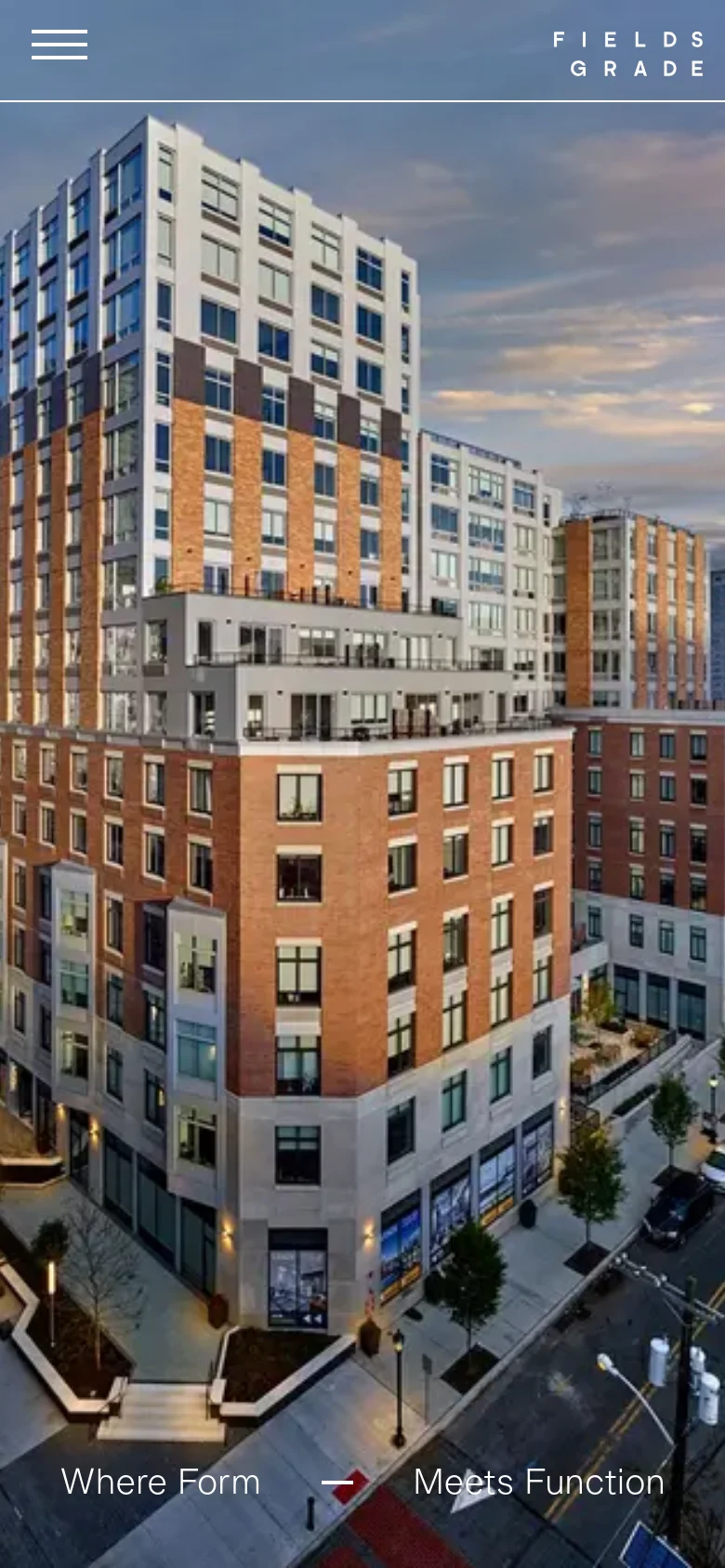 The mobile version presents a vertically oriented view of the hero building image, with the headline 'Where Form Meets Function' positioned at the bottom. The top navigation is condensed into a hamburger menu icon on the left, while the company logo remains on the right.
