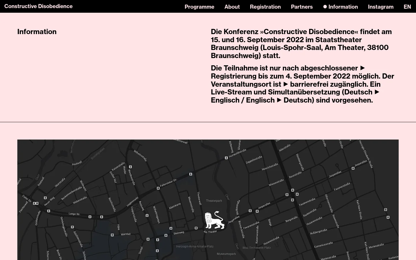 The desktop page features a minimalist layout with a light pink background and black text. A large headline 'Information' is followed by conference details on the right, a large embedded map showing the location in Braunschweig, and sections for Downloads, Contact, and Links below.