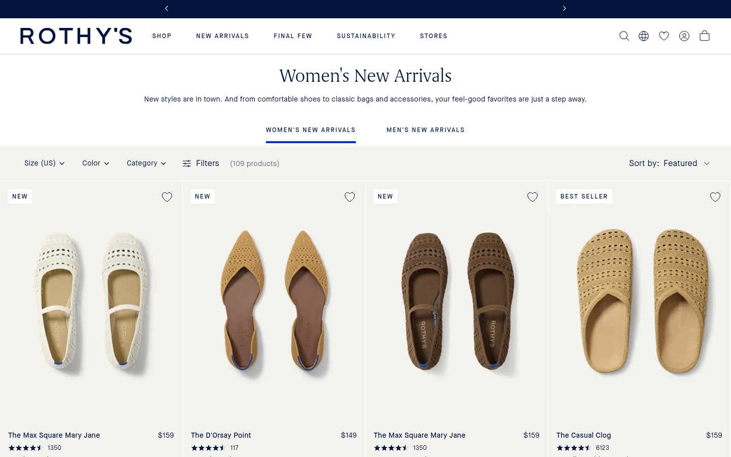 The desktop page features a clean, white layout with the Rothy's logo and navigation menu at the top. Below the header, a large 'Women's New Arrivals' title is followed by category tabs for Women's and Men's arrivals, and a product grid displaying various shoe styles with prices and ratings. A filter and sort bar sits above a grid of product images, such as The Max Square Mary Jane and The D'Orsay Point.