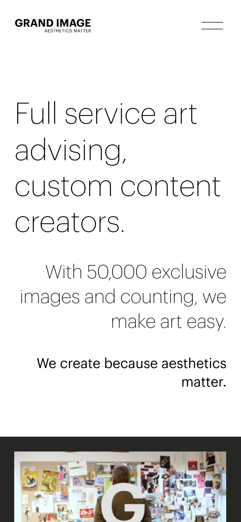 The mobile version simplifies the layout into a single-column view with a condensed header featuring a hamburger menu icon. The large typography for the main headline is stacked vertically to fit the narrow screen, and the hero image spans the width of the device, maintaining the minimalist white and grey color palette.