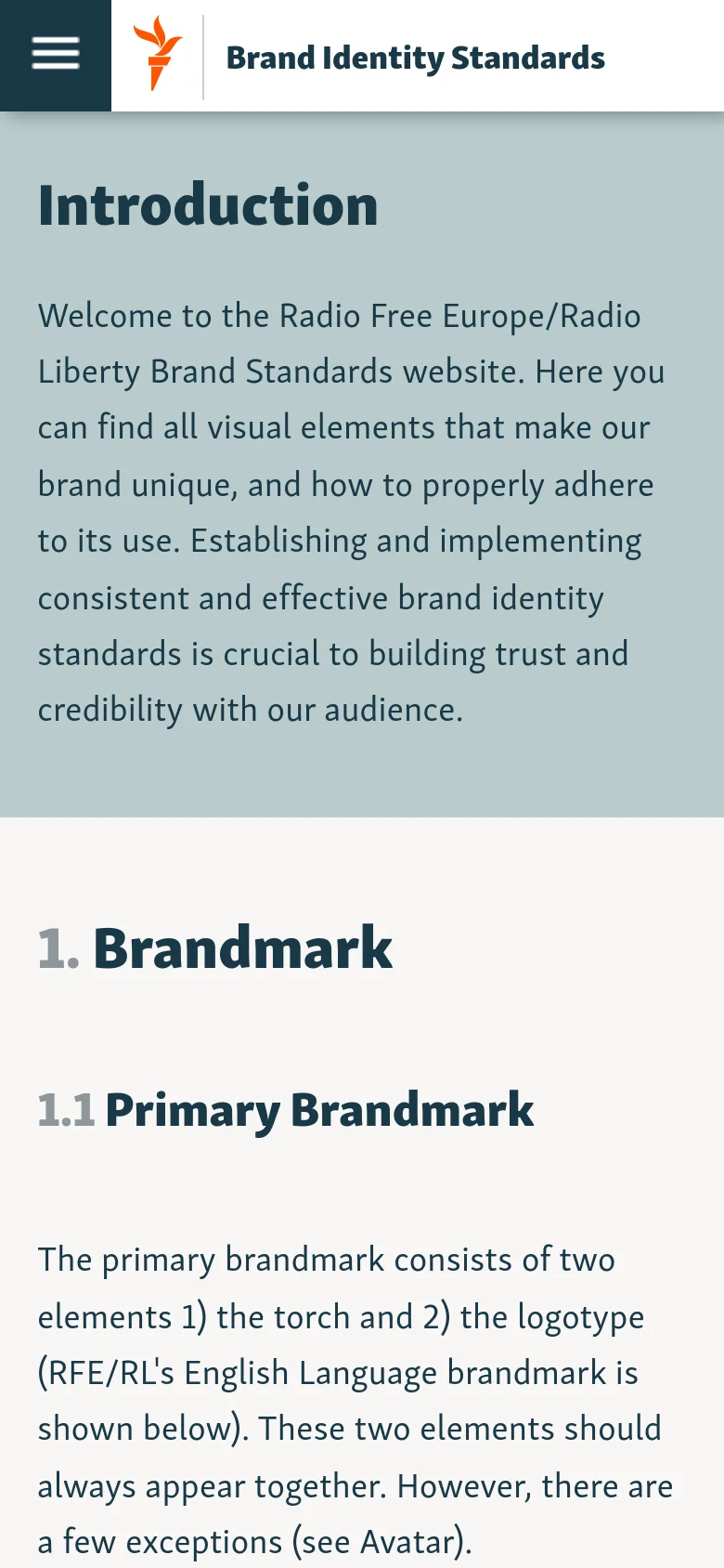 The mobile version uses a single-column layout with a white header containing a hamburger menu icon and the orange torch logo next to the text 'Brand Identity Standards'. The teal hero section and subsequent white content sections are stacked vertically, with text and headings spanning the full width of the screen.