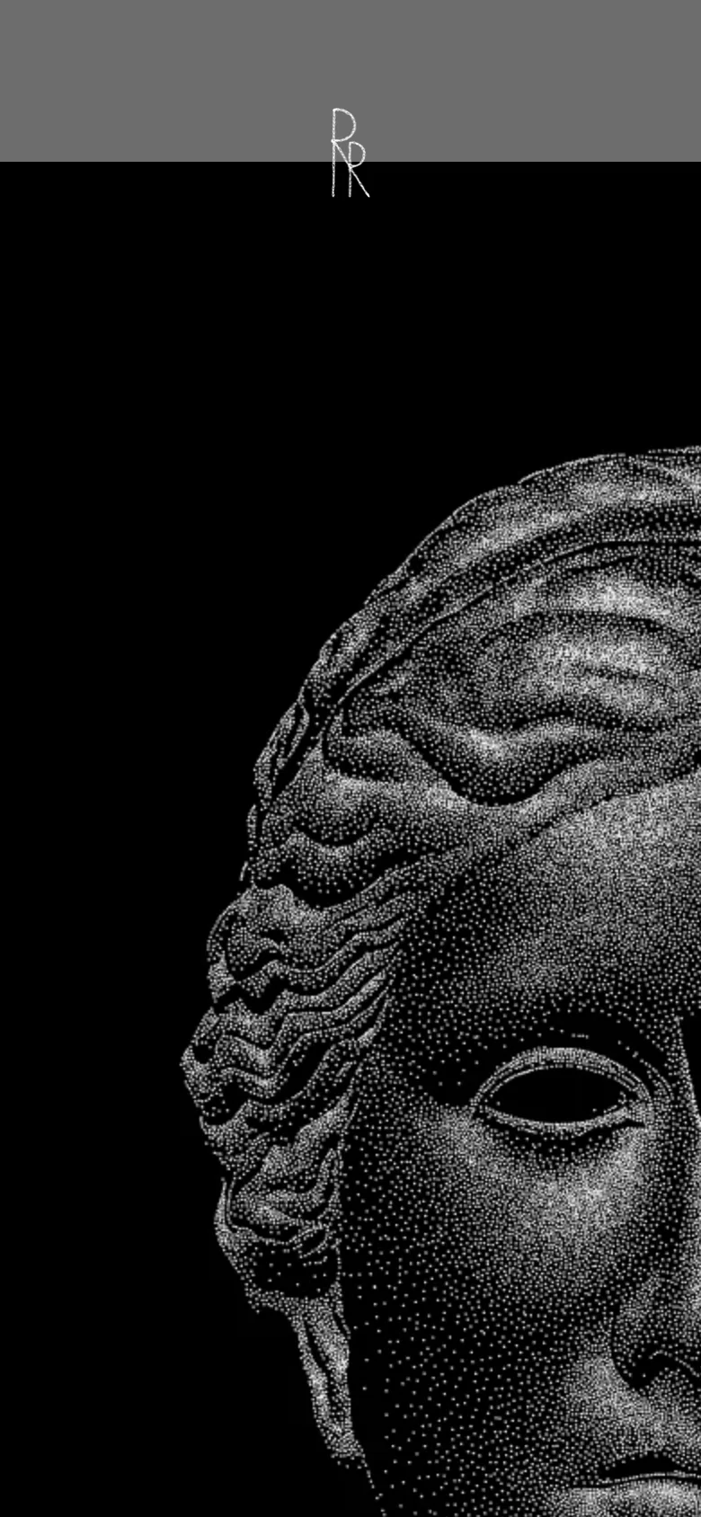 The mobile version presents a vertically stacked layout where the stippled classical bust artwork dominates the screen, appearing much larger and closer up. The text description and navigation links are moved below the image, and the overall interface is simplified to focus on the visual content against a dark background.