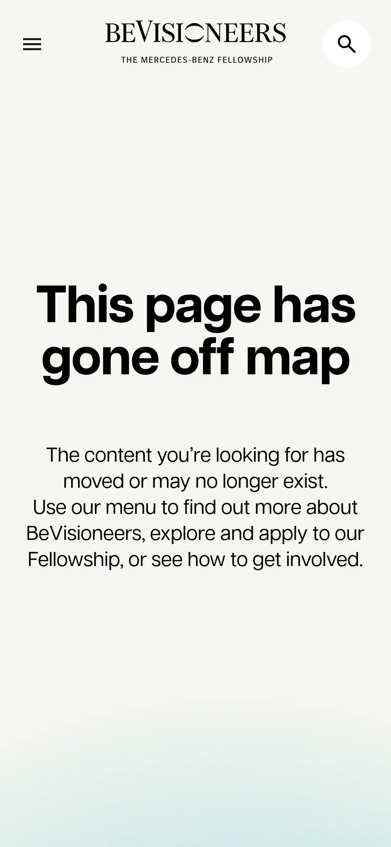 BeVisioneers mobile 404 page with a stacked layout and centered bold headline. The design features a hamburger menu, a search icon, and a soft pastel gradient background with simplified typography.