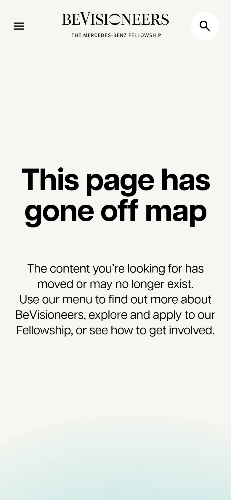 BeVisioneers mobile 404 page with a stacked layout and centered bold headline. The design features a hamburger menu, a search icon, and a soft pastel gradient background with simplified typography.