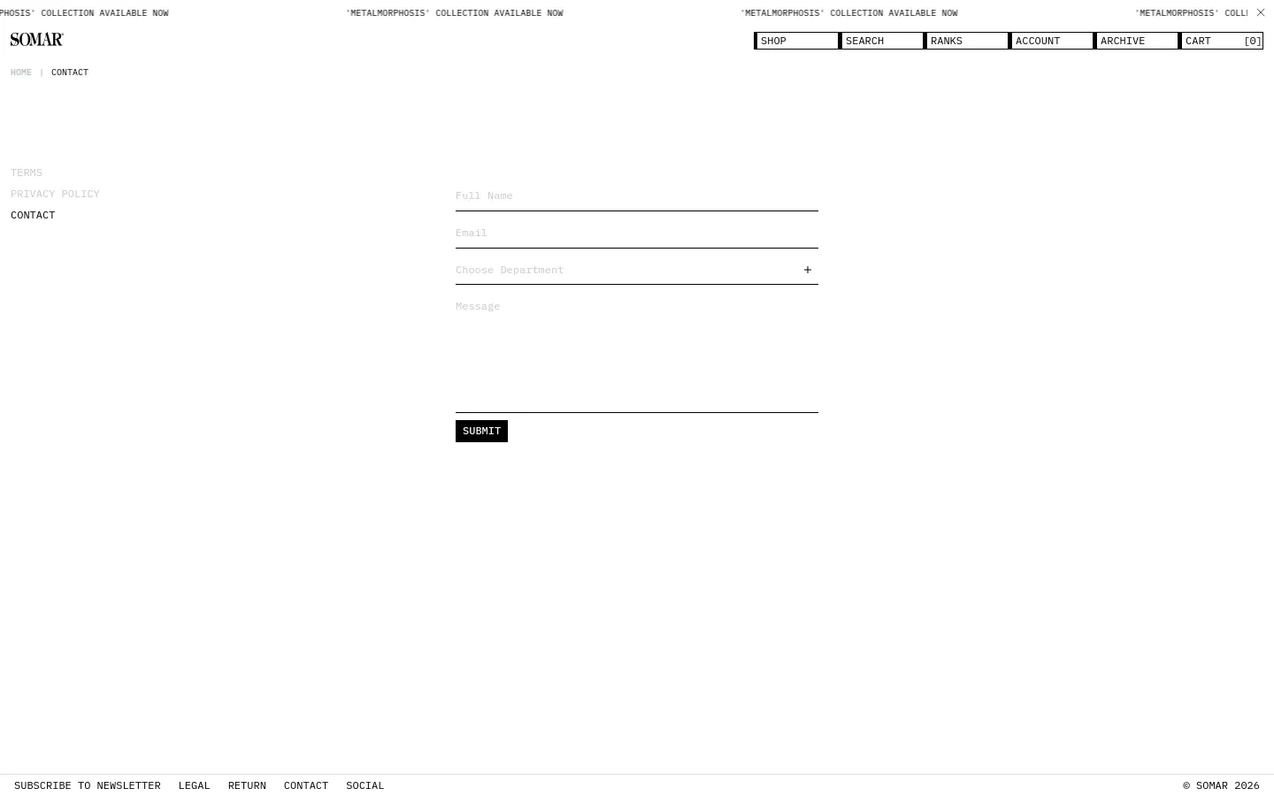 The desktop contact page features a minimalist white layout with black text and a simple navigation bar at the top containing links for Shop, Search, Ranks, Account, Archive, and Cart. A centered contact form includes fields for Full Name, Email, a dropdown for Choose Department, and a Message area, followed by a black Submit button. The footer contains links for newsletter subscription, legal, return, contact, and social, alongside the copyright notice.