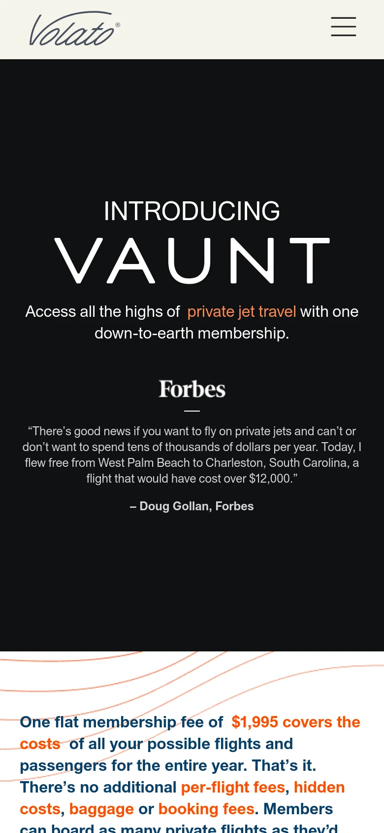 The mobile version maintains the dark theme and centered typography but uses a condensed layout. The top navigation is replaced by a hamburger menu icon, and the text is scaled for vertical scrolling, leading into a section explaining the $1,995 flat membership fee highlighted in orange.